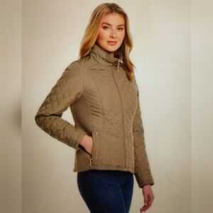 Weatherproof Women's Diamond Quilted Zip Khaki Jacket w Side Stretch Size XL EUC